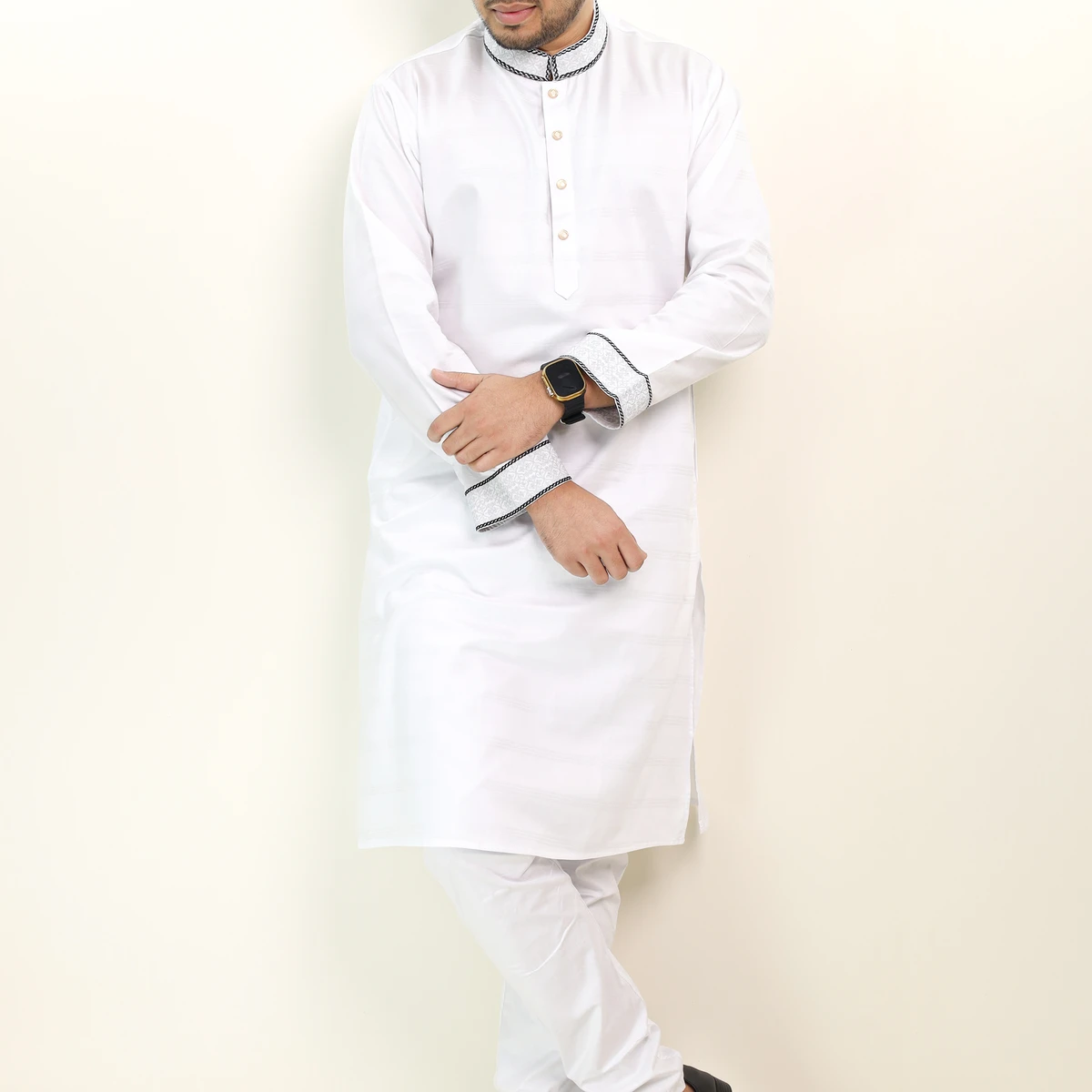 White Colour Indian Stripe Panjabi with Elegant Embroidered (Code-03)