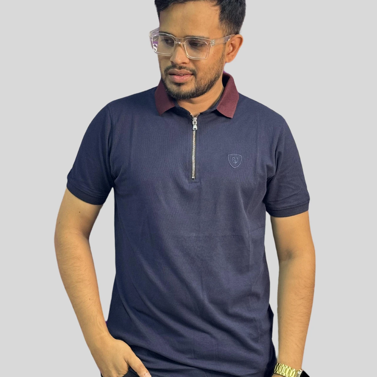 Navy blue Mixed Cotton Polo T-Shirt -Solid