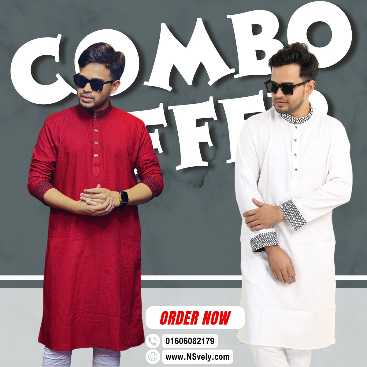 Combo Offer- 100% Cotton Fabric Mens Fusion Panjabi - ( Red Maroon 57 + White 56 )