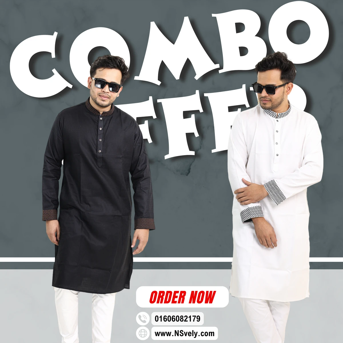 Combo Offer- 100% Cotton Fabric Mens Fusion Panjabi - ( Black 55 + White 56 )