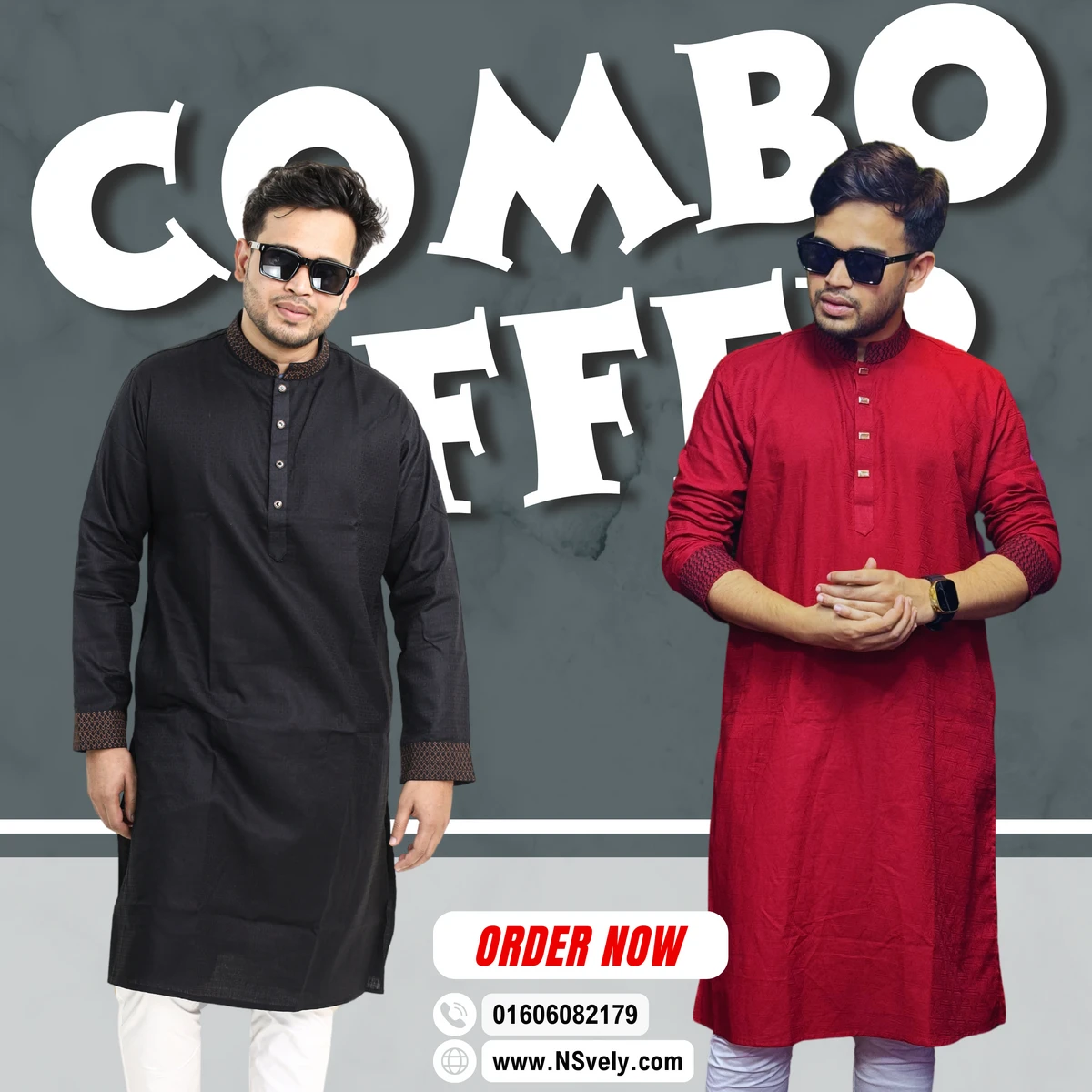 Combo Offer- 100% Cotton Fabric Mens Fusion Panjabi - ( Black 55 + Red Maroon 57 )