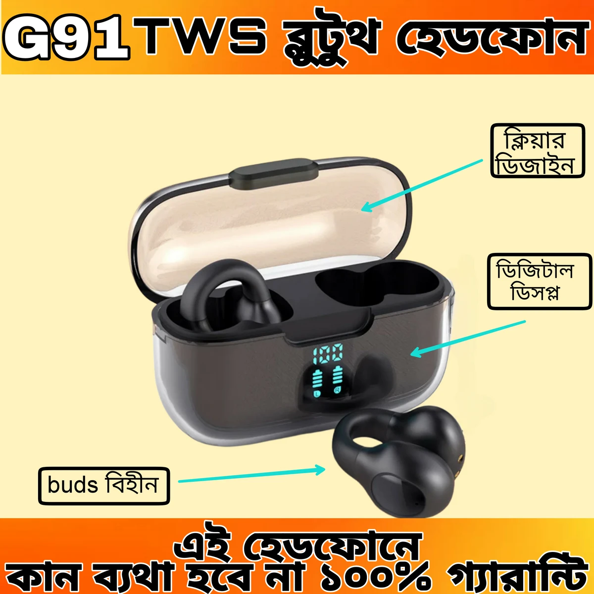 G91 Ear Clip TWS True Wireless Stereo Earbuds Ultra-long Standby Play Hi-Fi Music Headphones LED Digital Display Sport Bluetooth Earphones