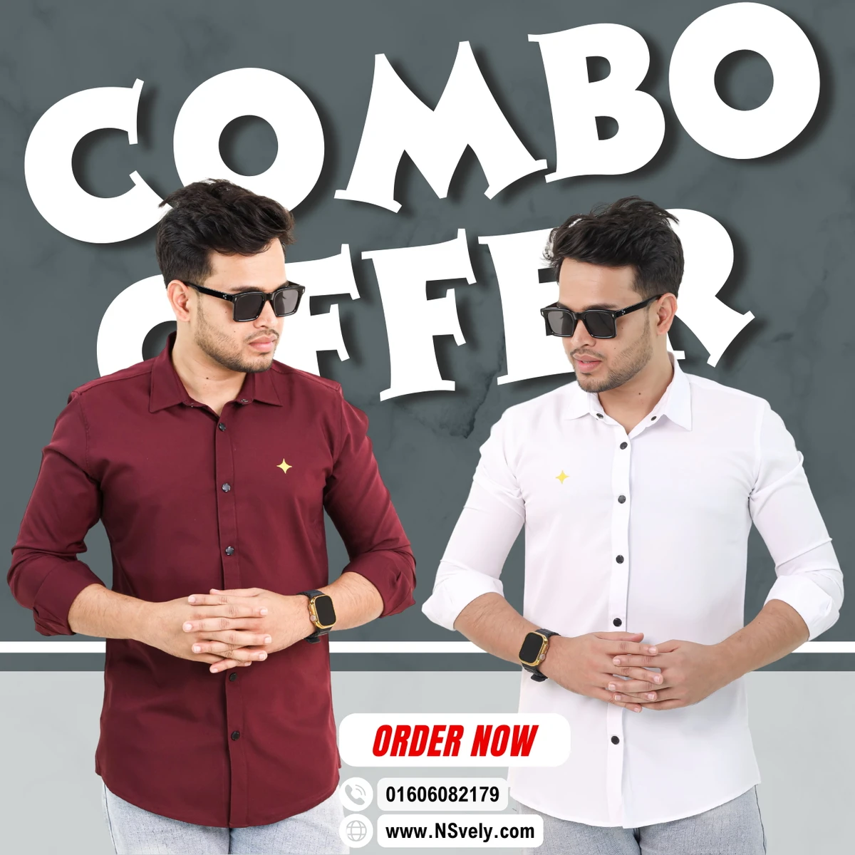 Maroon+White Combo Solide Colour Full Sleeve Shirt For Men (code: 76+77)