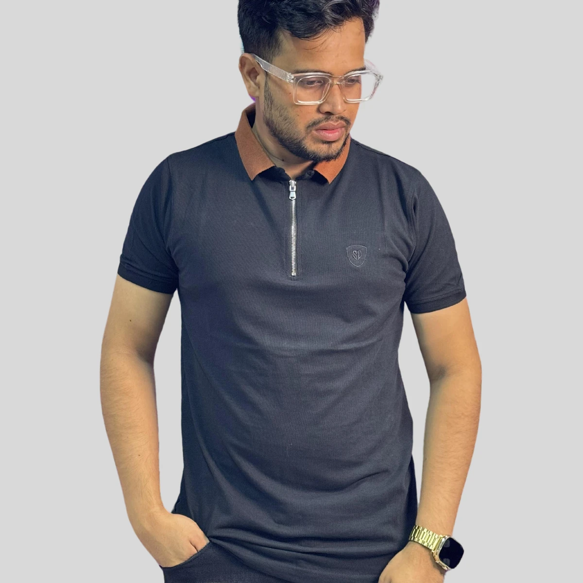 2 in 1 Combo Mixed Cotton Polo T-Shirt-sOLID (Light Brown, Black)