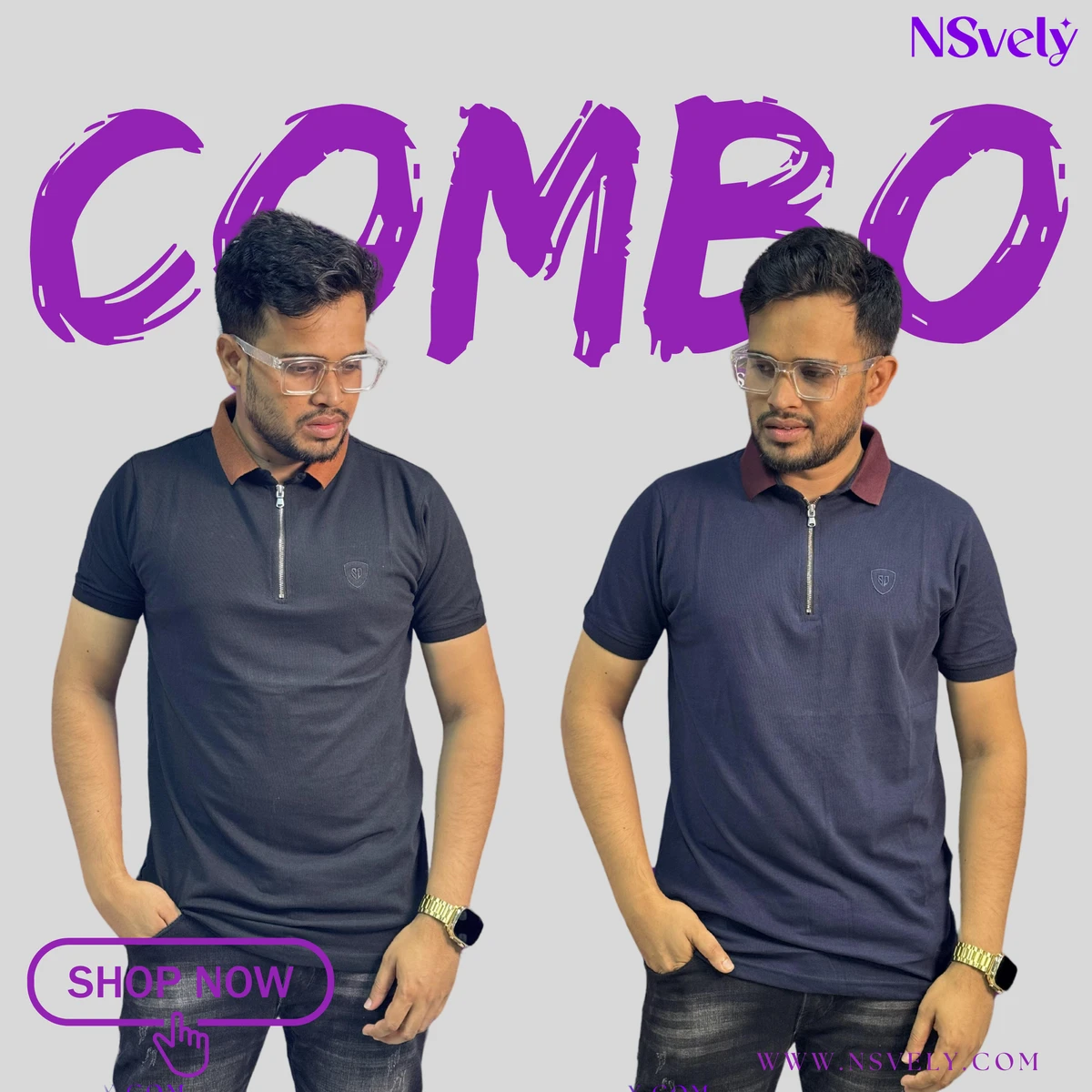 2 in 1 Combo Mixed Cotton Polo T-Shirt-sOLID (Navy blue, Black)