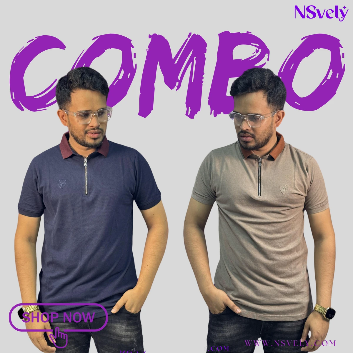 2 in 1 Combo Mixed Cotton Polo T-Shirt-Solid (Light Brown, Navy blue)