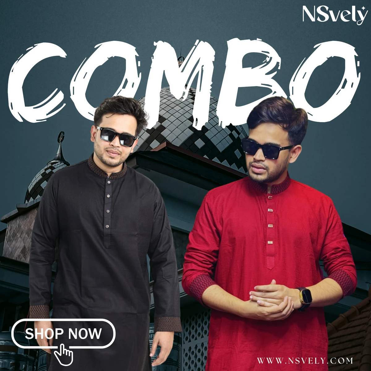 Combo Offer- 100% Cotton Fabric Mens Fusion Panjabi - ( Black 55 + Red Maroon 57 )