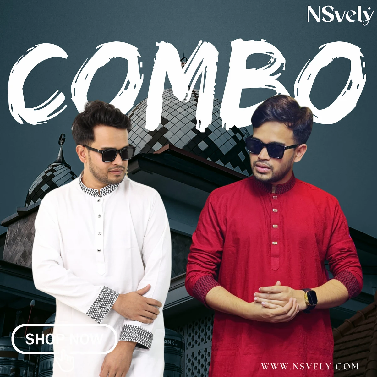 Combo Offer- 100% Cotton Fabric Mens Fusion Panjabi - ( White 56 + Red Maroon 57 )