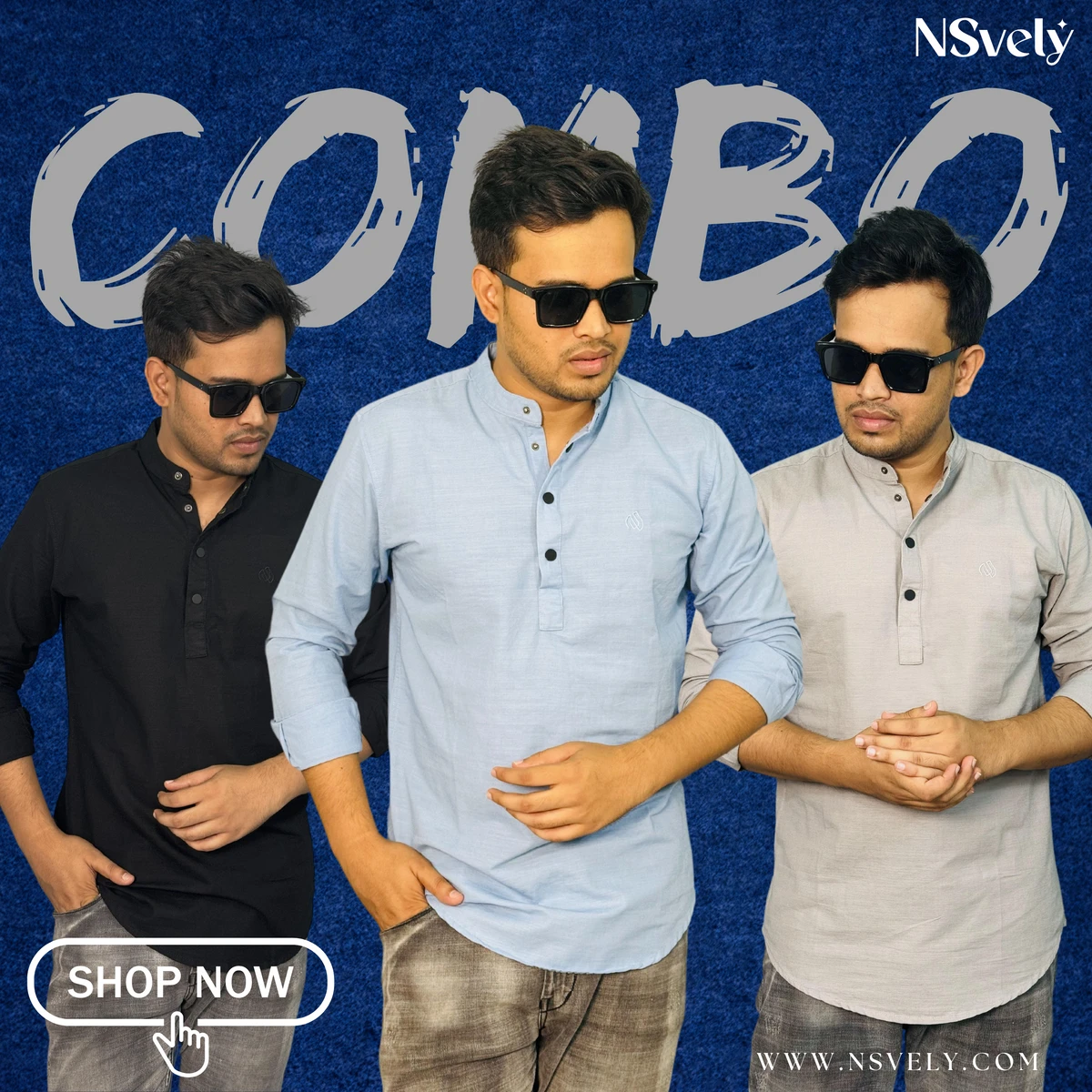 Exclusive Sakura Cotton Katuya | 3 in 1 Combo For Men | Black, Sky Blue, Off white