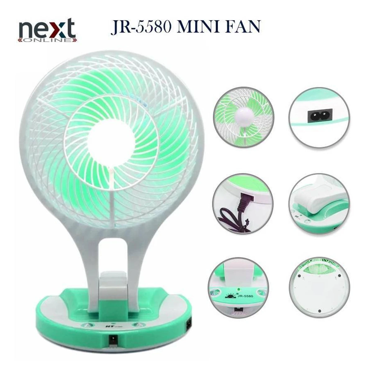 JR-5580 Rechargeable Table Fan with LED Light (এই মডেল অ্যাভেলেবল আছে) উচ্চতা 15 ইঞ্চি প্রস্থ 7 ইঞ্চি
