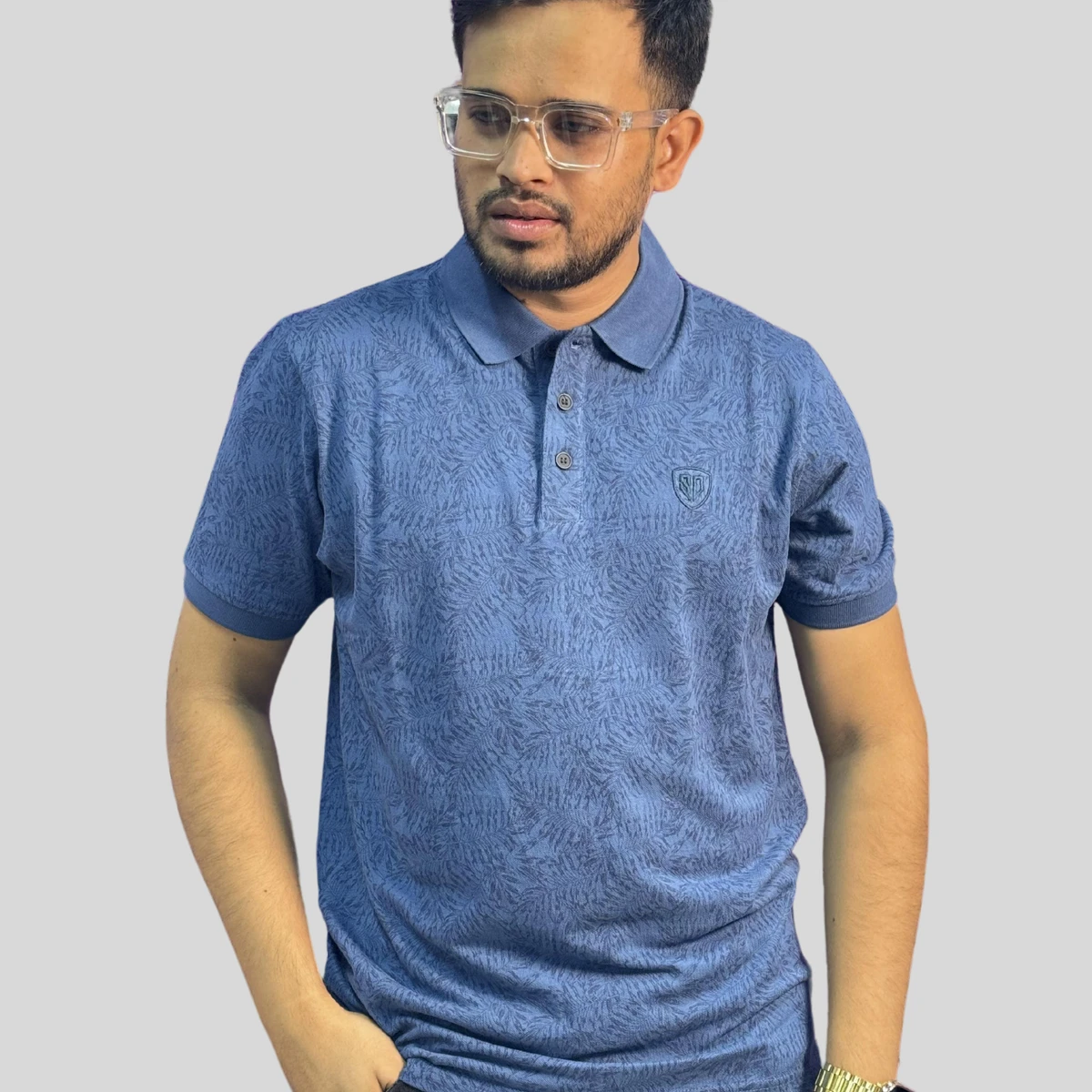 Sky Blue Mixed Cotton Polo T-Shirt -Print