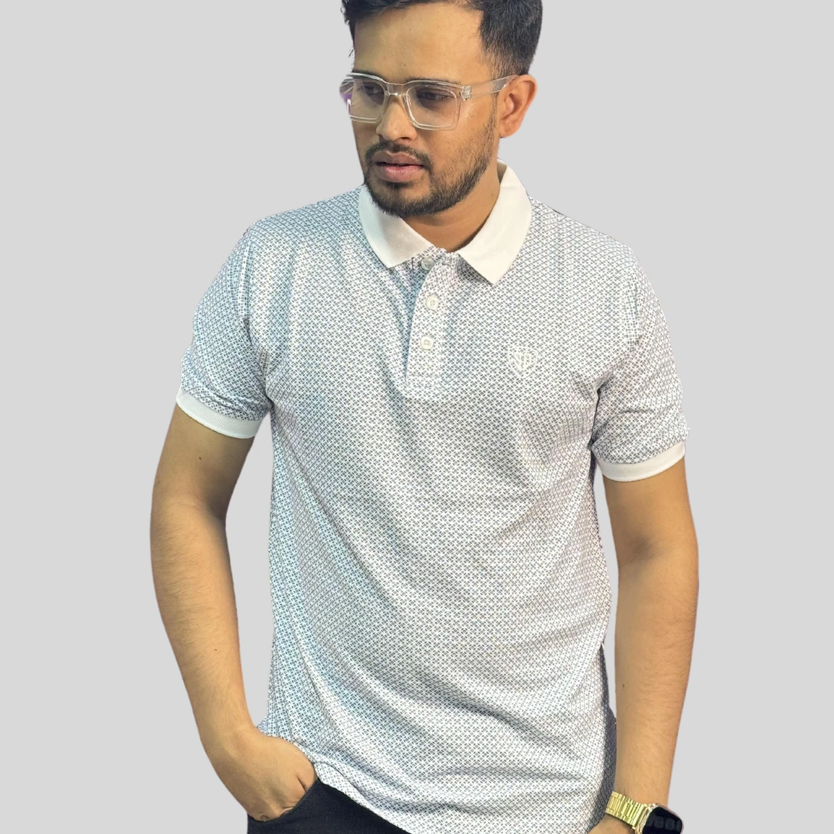 White Mixed Cotton Polo T-Shirt -Print