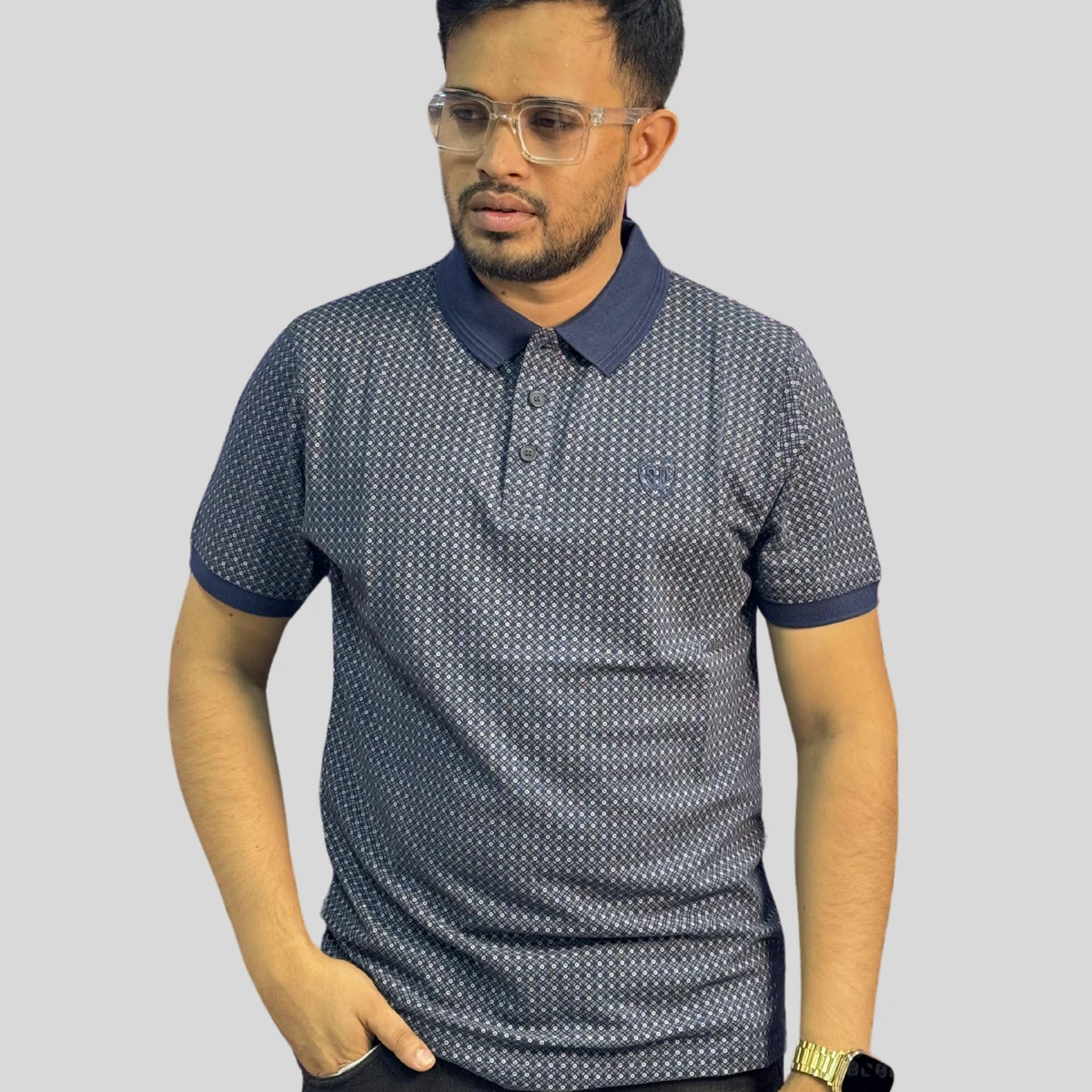 Black Mixed Cotton Polo T-Shirt-Print