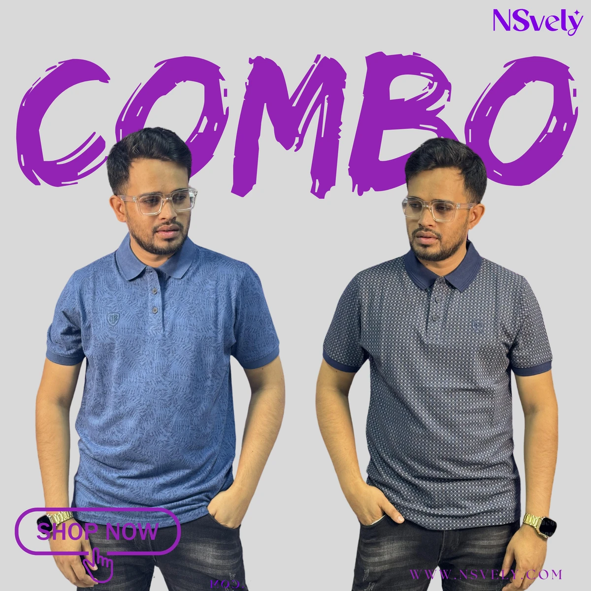 2 in 1 Combo Mixed Cotton Polo T-Shirt-Print (Sky Blue+Black)