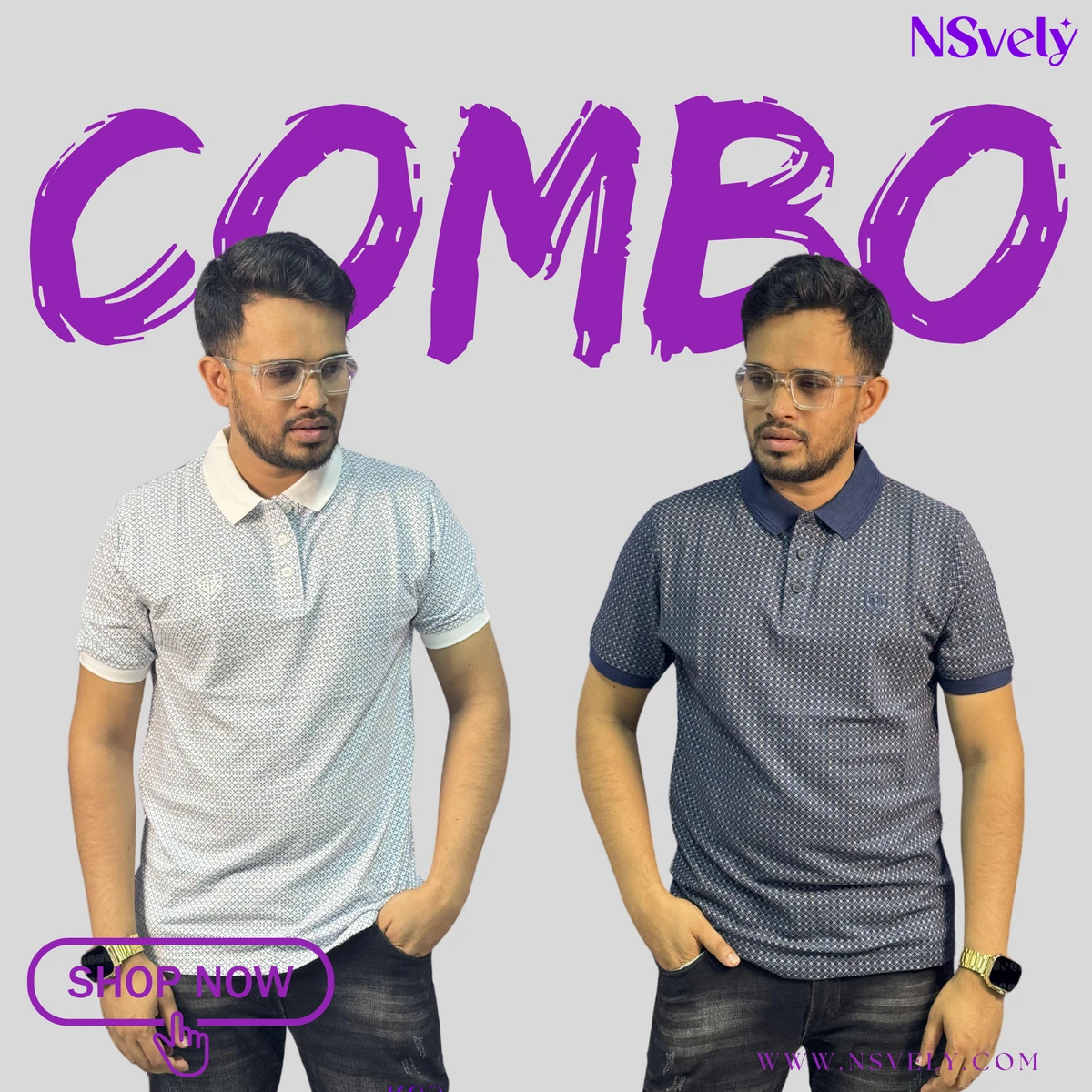 2 in 1 Combo Mixed Cotton Polo T-Shirt-Print (Black+White)