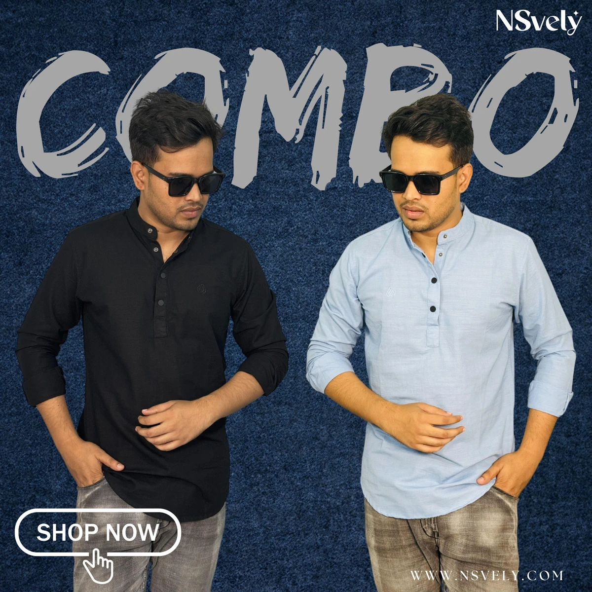 Exclusive Sakura Cotton Katuya | 2 in 1 Combo For Men | Black & Sky Blue